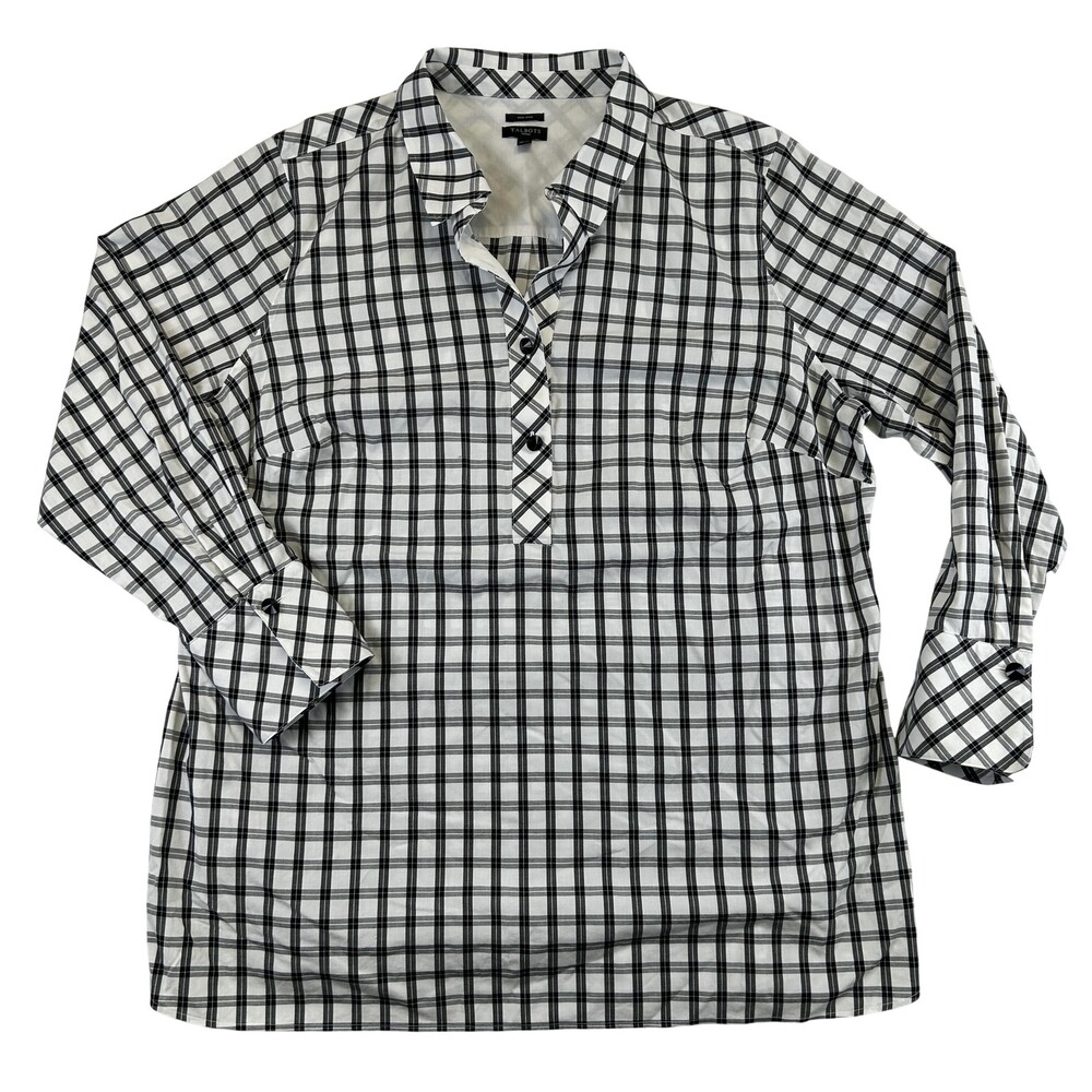 Talbots Button Up Shirt Womens 16W White Plaid Non Iron Stretch Tunic Top